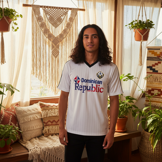 Dominican Republic Flag Themed Contrast Collar Striped Soccer Jersey