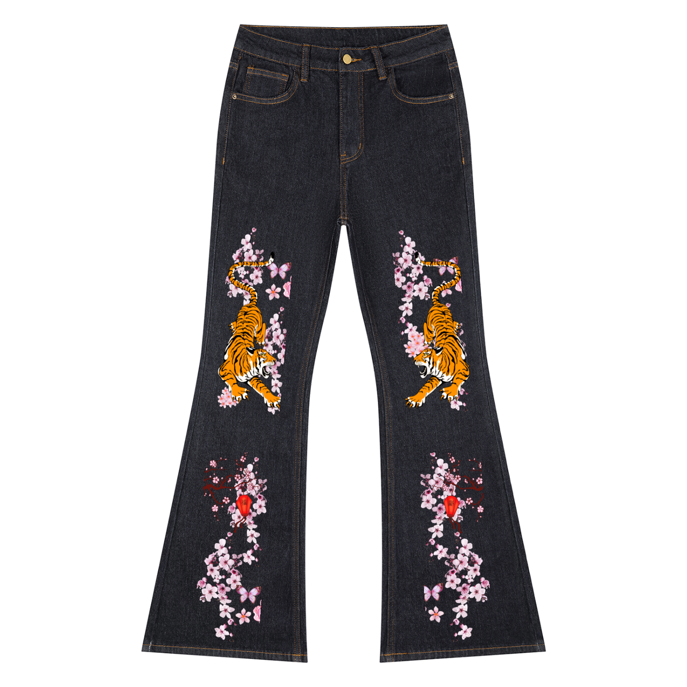 Tiger and Floral Art Graphic Women's High-Rise Flared Jeans