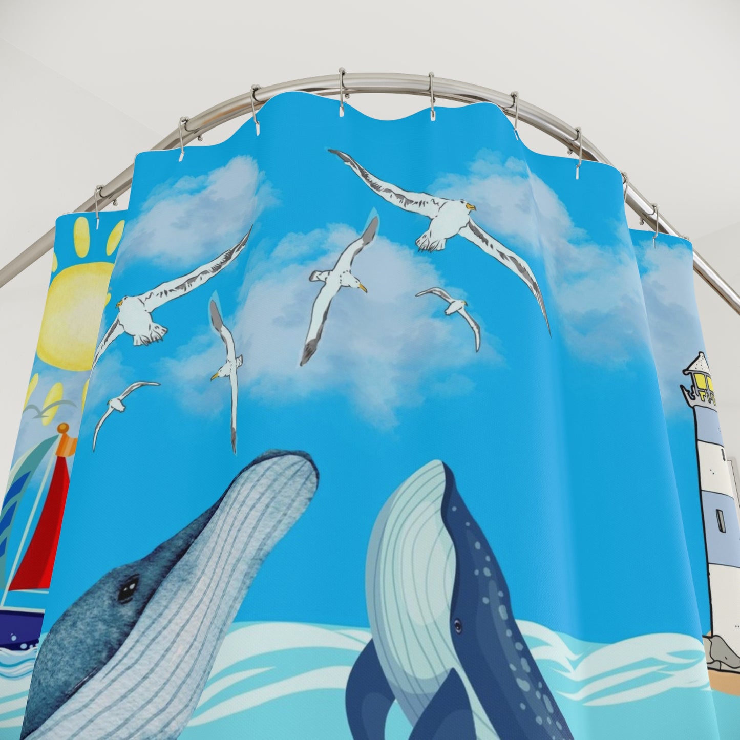 Whale Watching Shower Curtain, Nautical Bathroom Decor, Ocean-Themed, Beach House Essential