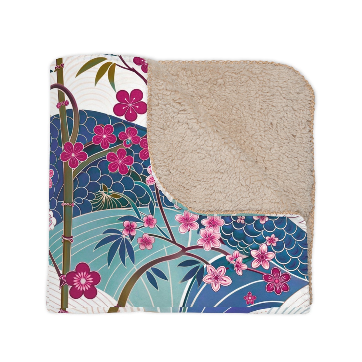 Asia Inspired Floral Sherpa Blanket, Cozy Throw, Snuggle Blanket