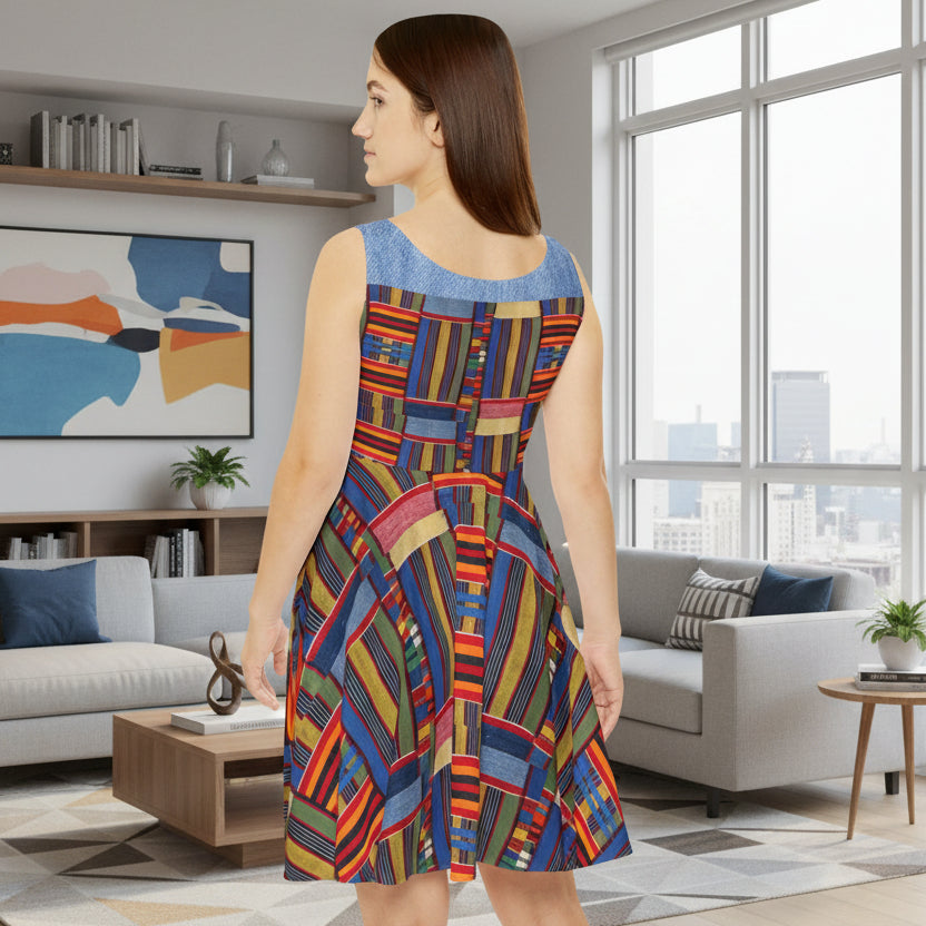 Womens Skater Dress — Colorful Geometric Patchwork Print