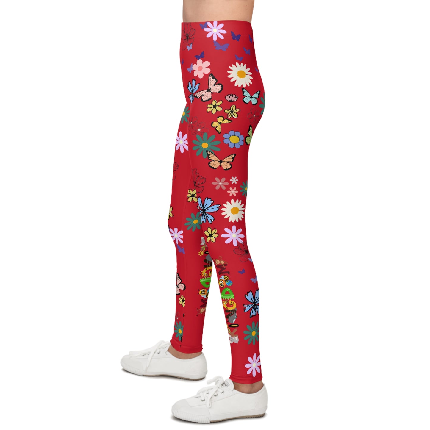 Colorful Floral Youth Leggings - Butterflies & Flowers Design
