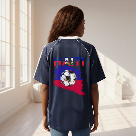 Unisex Haiti Flag Themed Graphic Shadow Stripe Collared Soccer Jersey