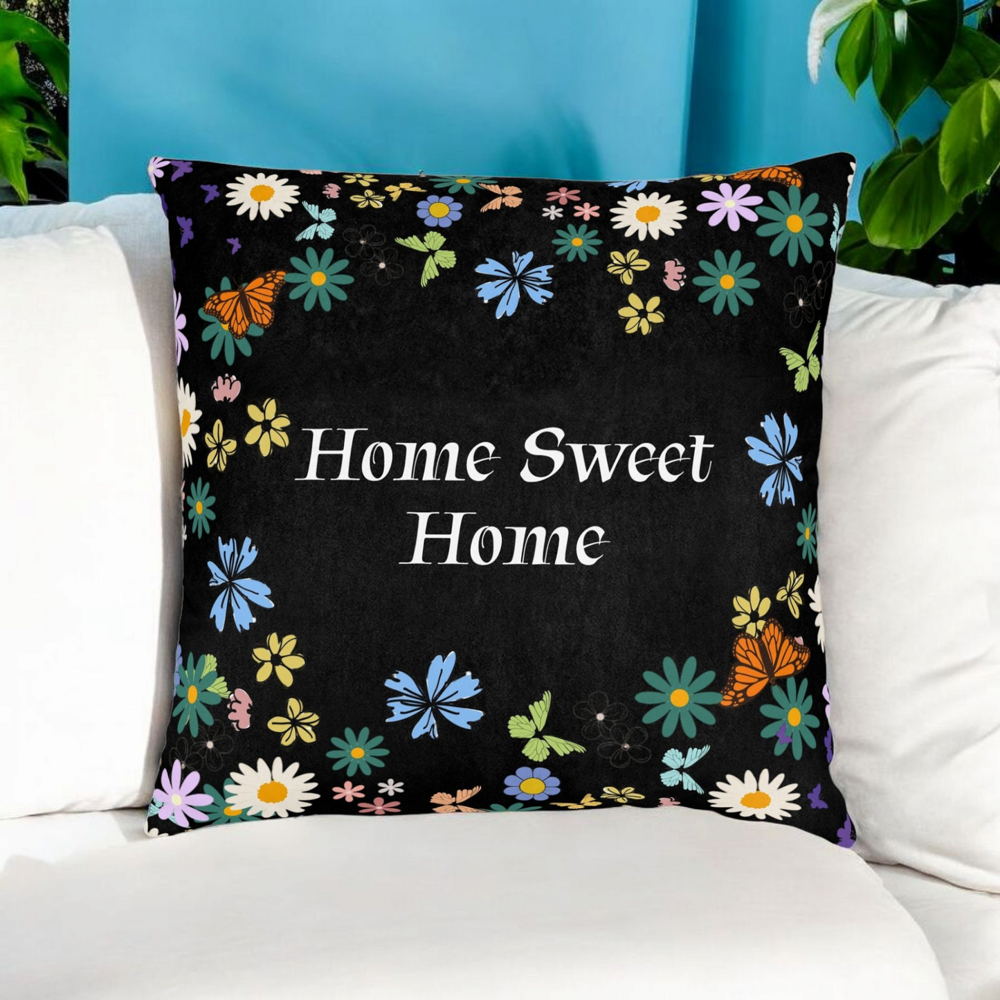 Floral Home Sweet Home Square Pillow - Cozy Decor for Living Room & Bedroom