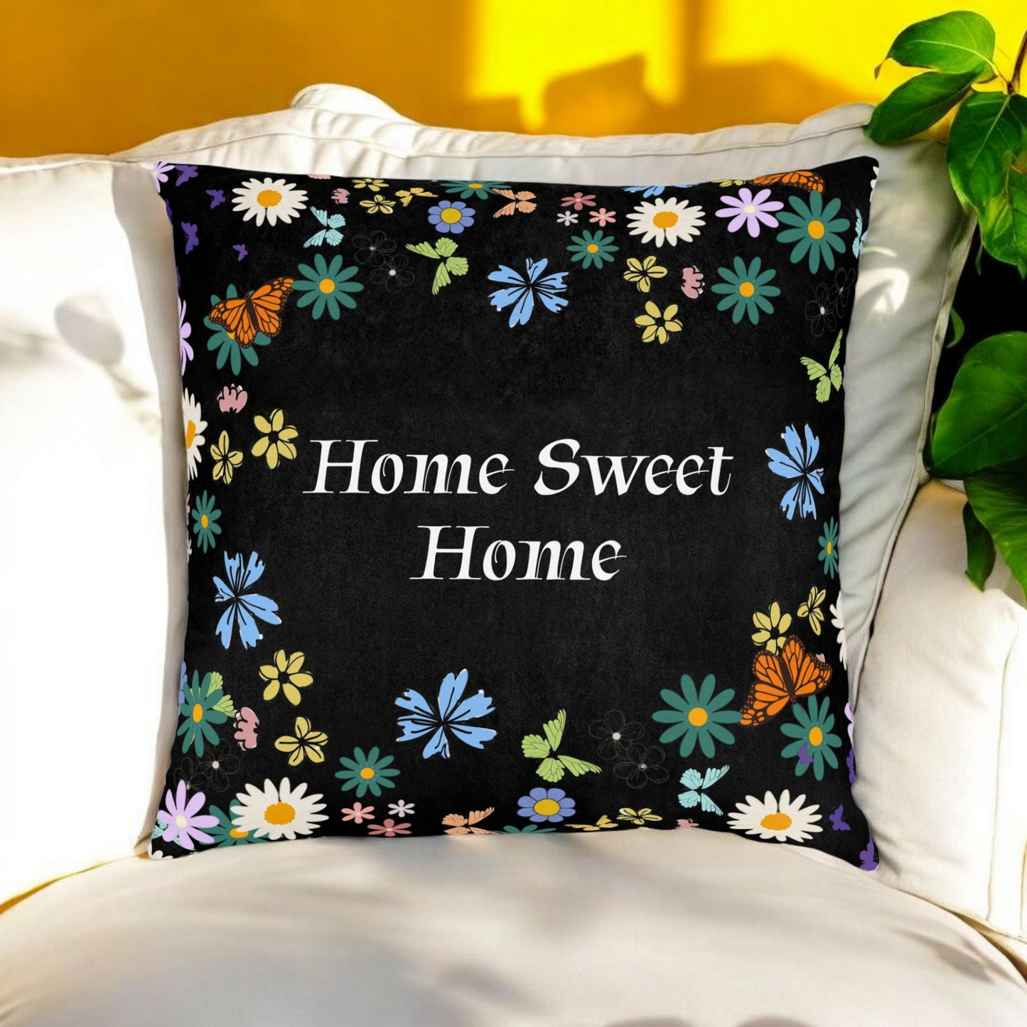 Floral Home Sweet Home Square Pillow - Cozy Decor for Living Room & Bedroom