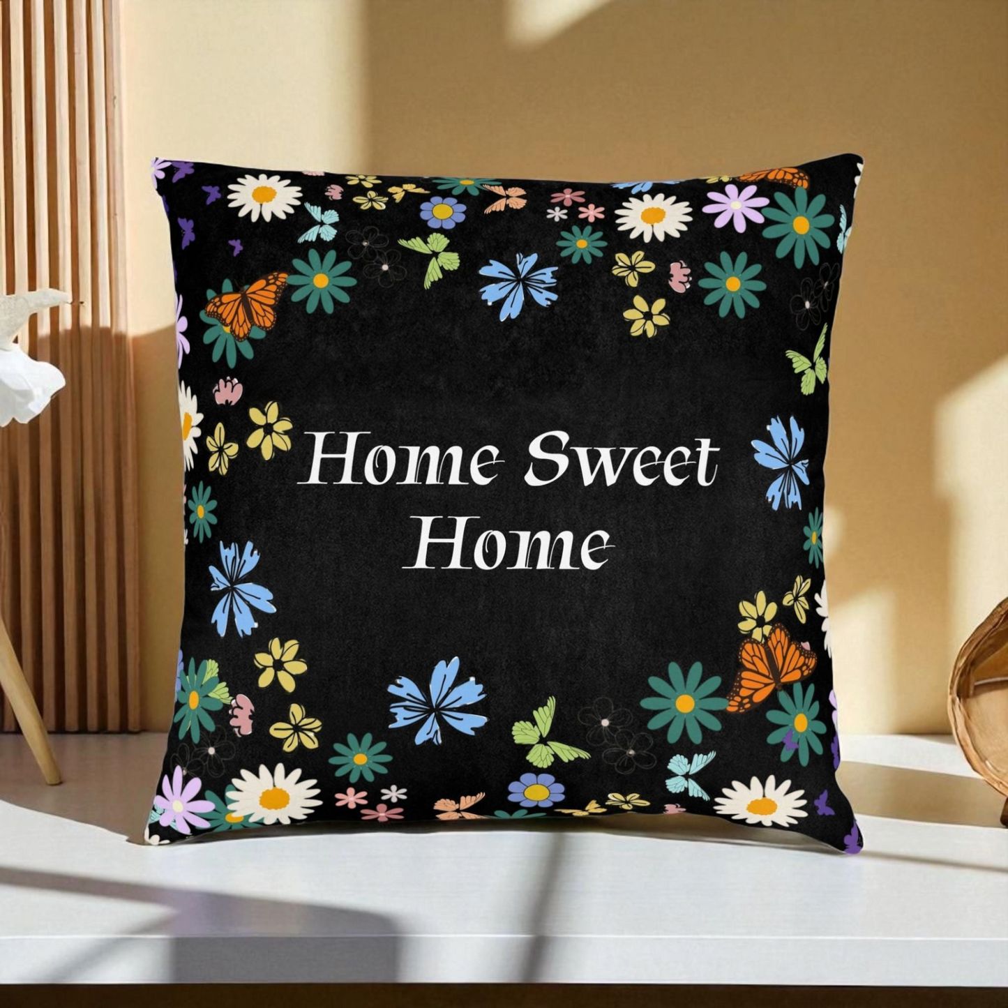 Floral Home Sweet Home Square Pillow - Cozy Decor for Living Room & Bedroom