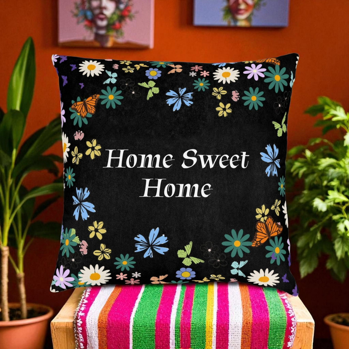 Floral Home Sweet Home Square Pillow - Cozy Decor for Living Room & Bedroom