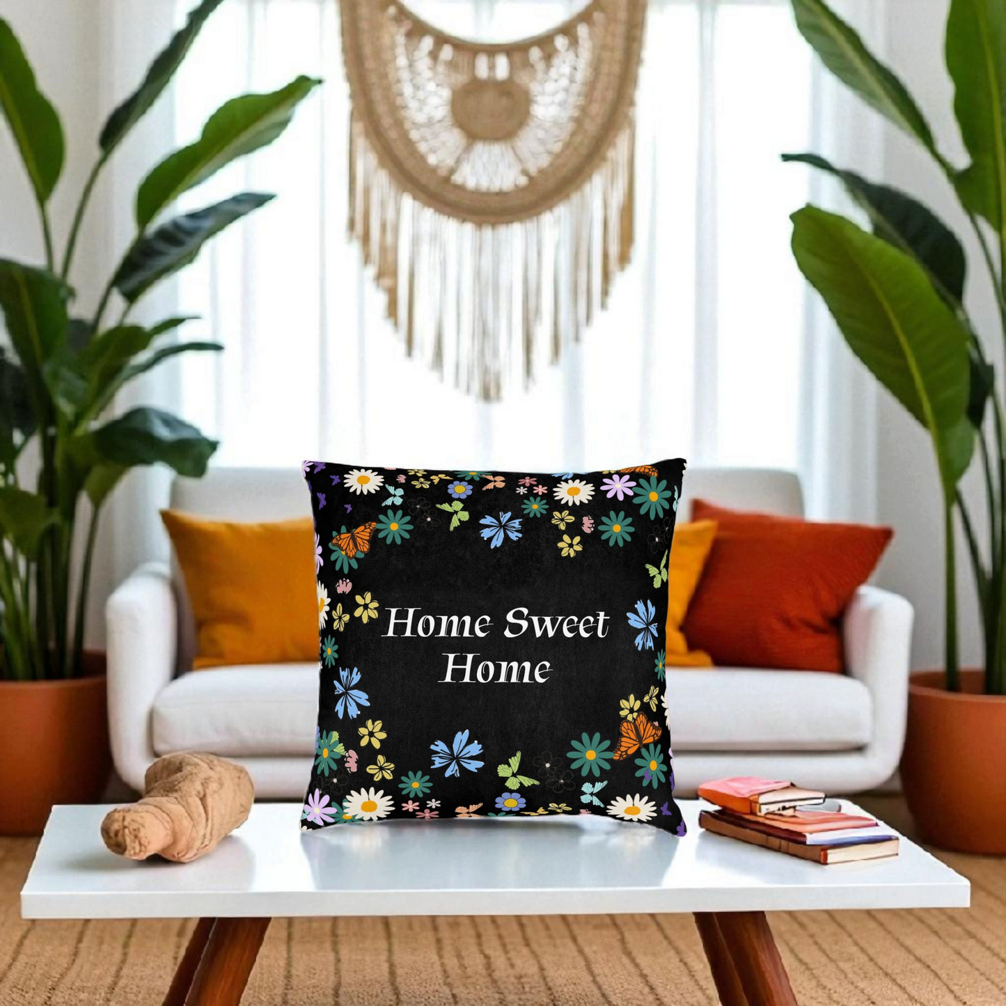 Floral Home Sweet Home Square Pillow - Cozy Decor for Living Room & Bedroom
