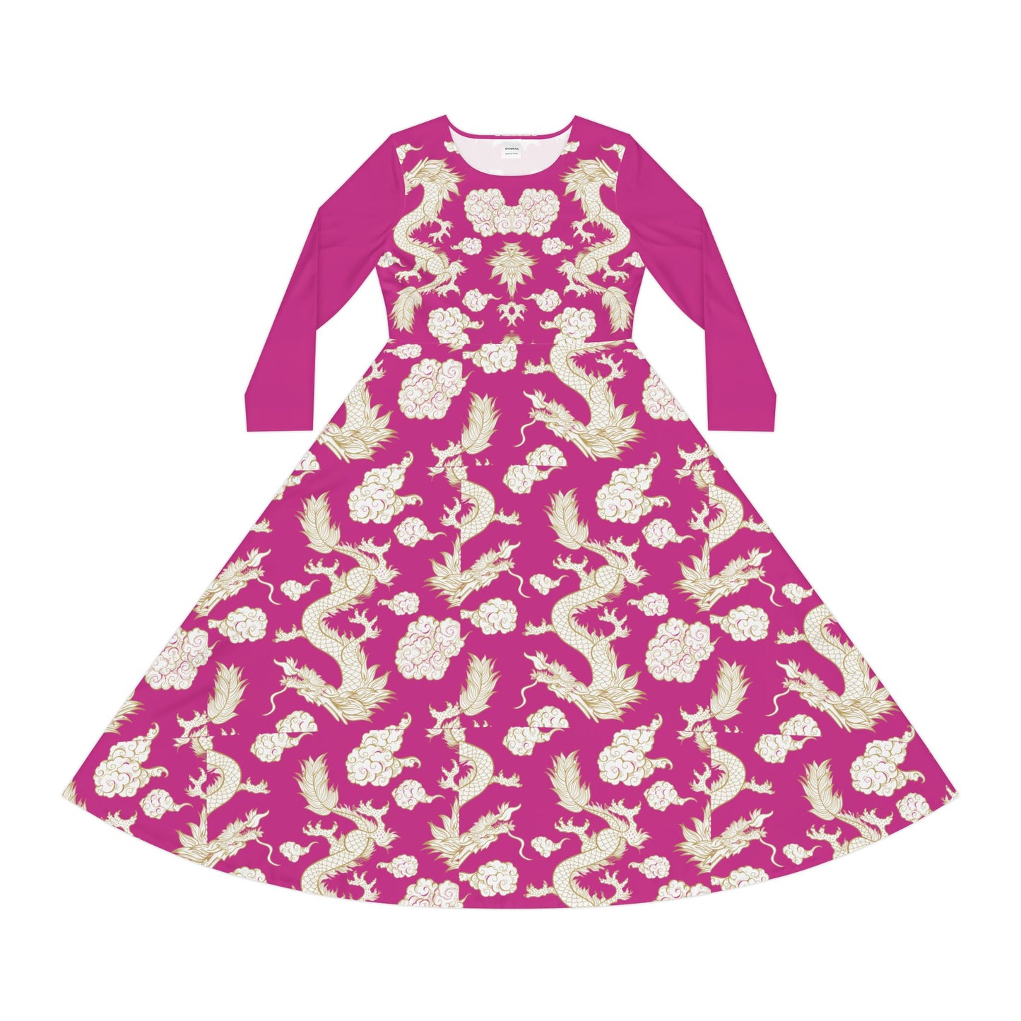 Pink Floral & Gragon Print Long Sleeve Dance Dress | Boho Style, Vintage Inspired