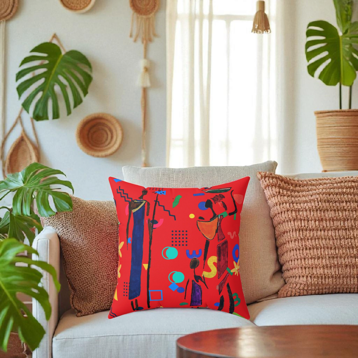 Ethnic Family Doodle Spun Polyester Square Pillow - Handcrafted Home Decor