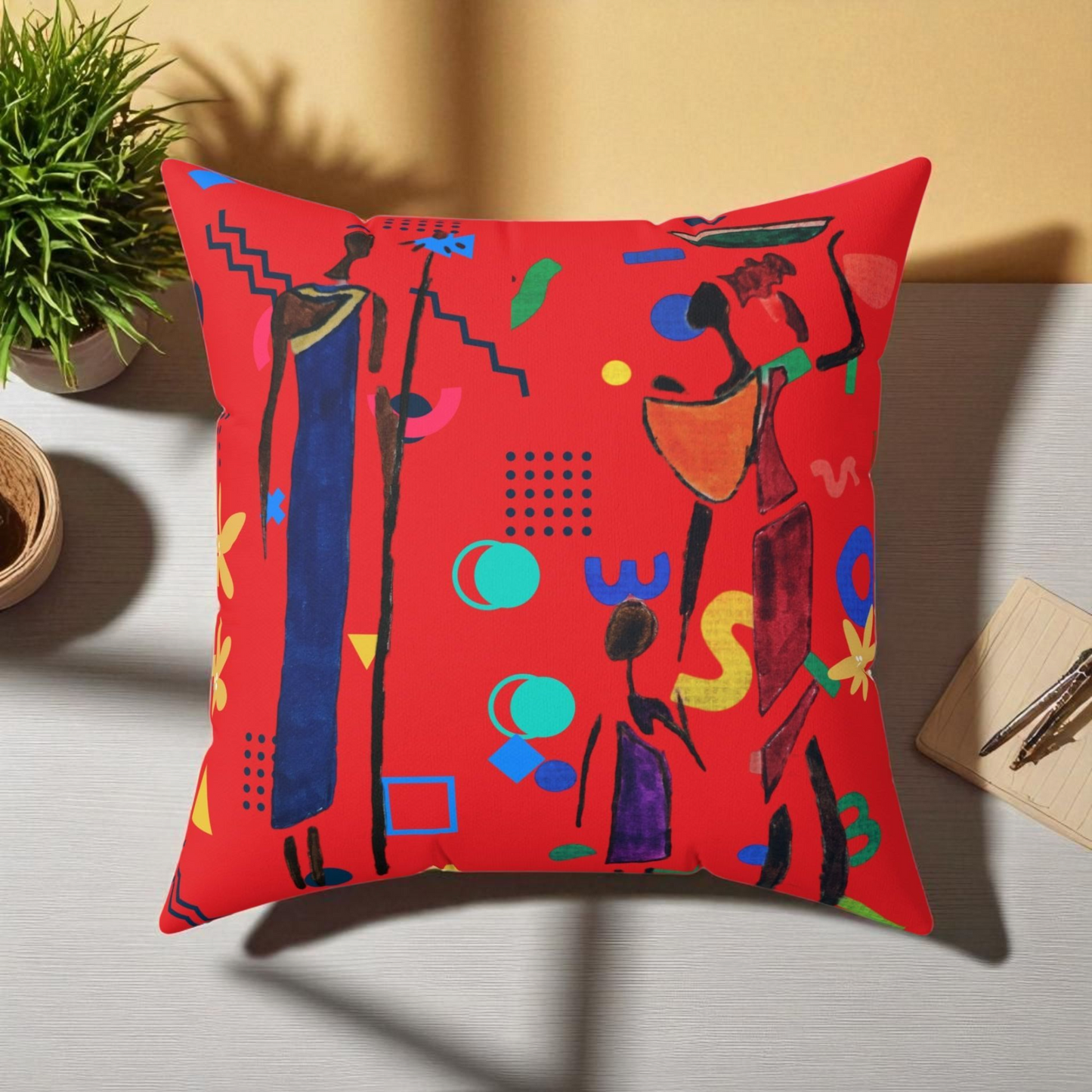 Ethnic Family Doodle Spun Polyester Square Pillow - Handcrafted Home Decor