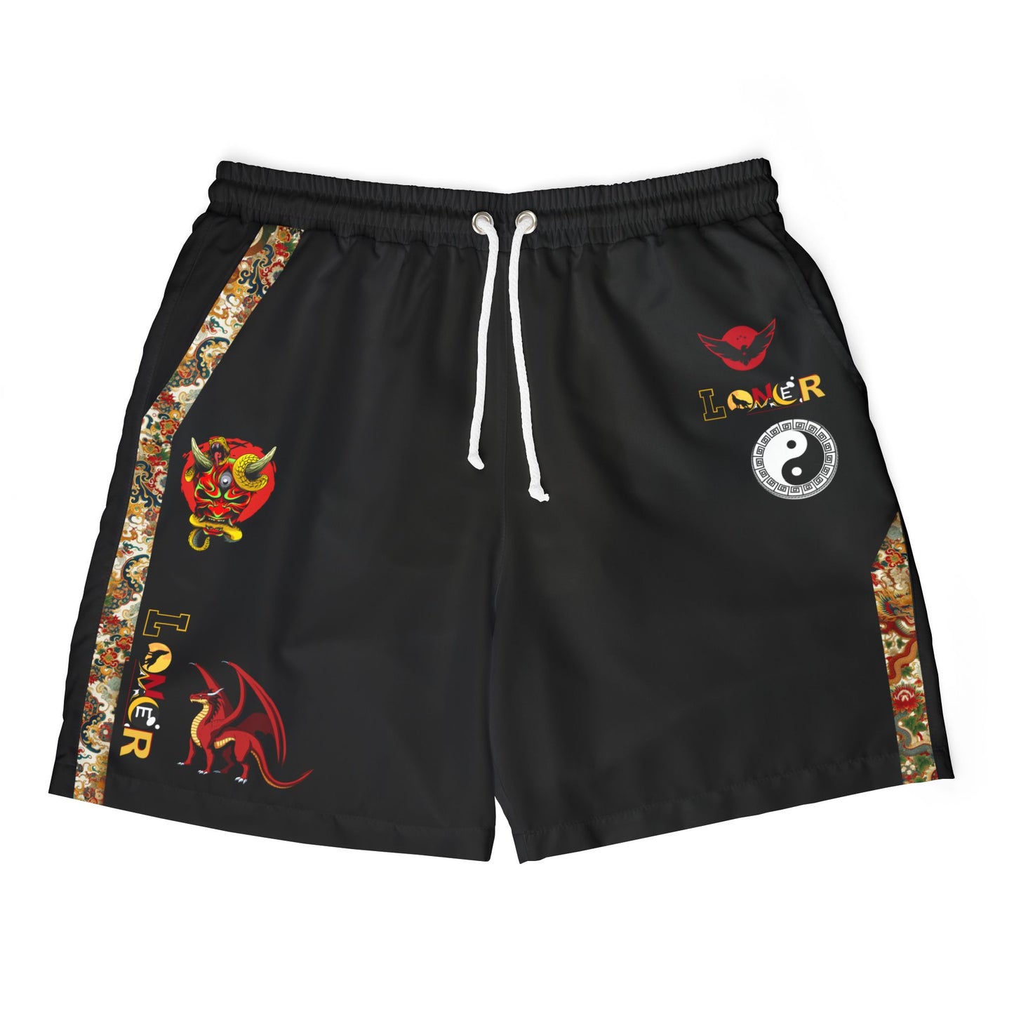 Floral, Dragon Themed Graphic Swim Shorts, Unisex Beachwear, Summer Essentials