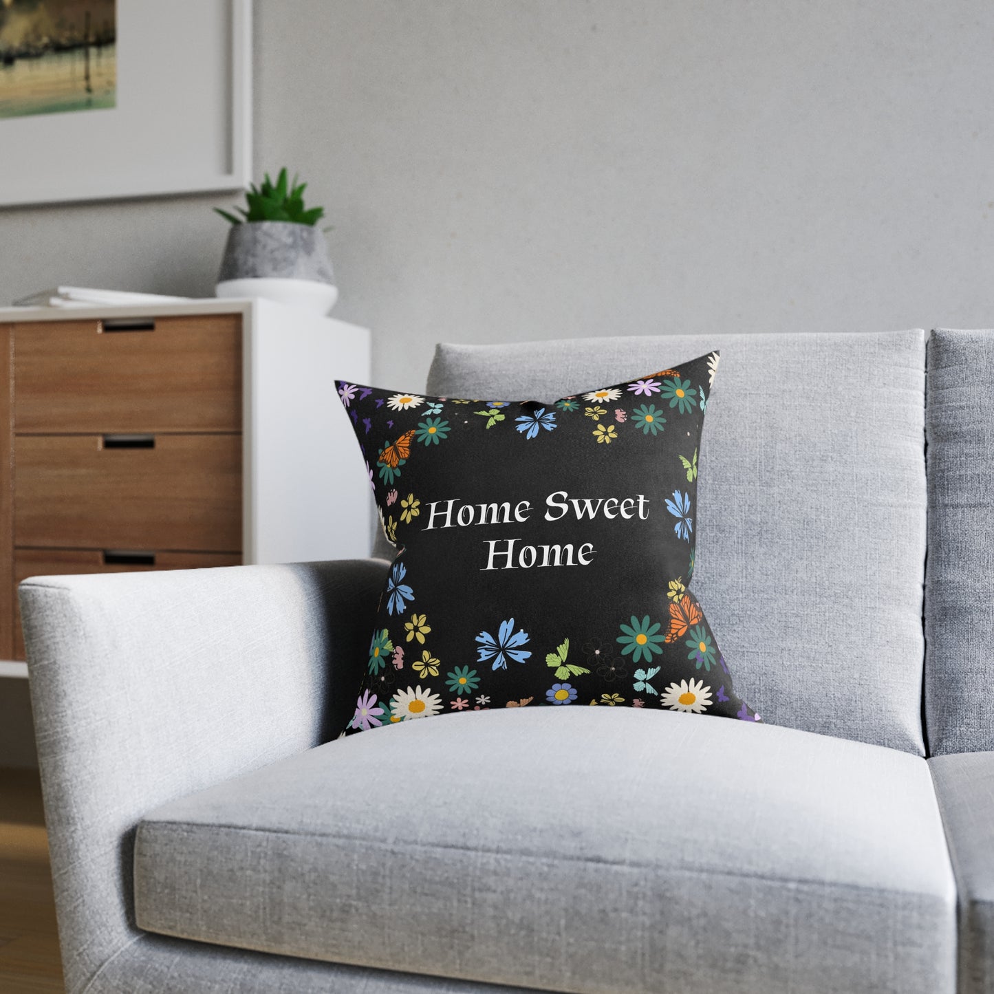 Floral Home Sweet Home Square Pillow - Cozy Decor for Living Room & Bedroom