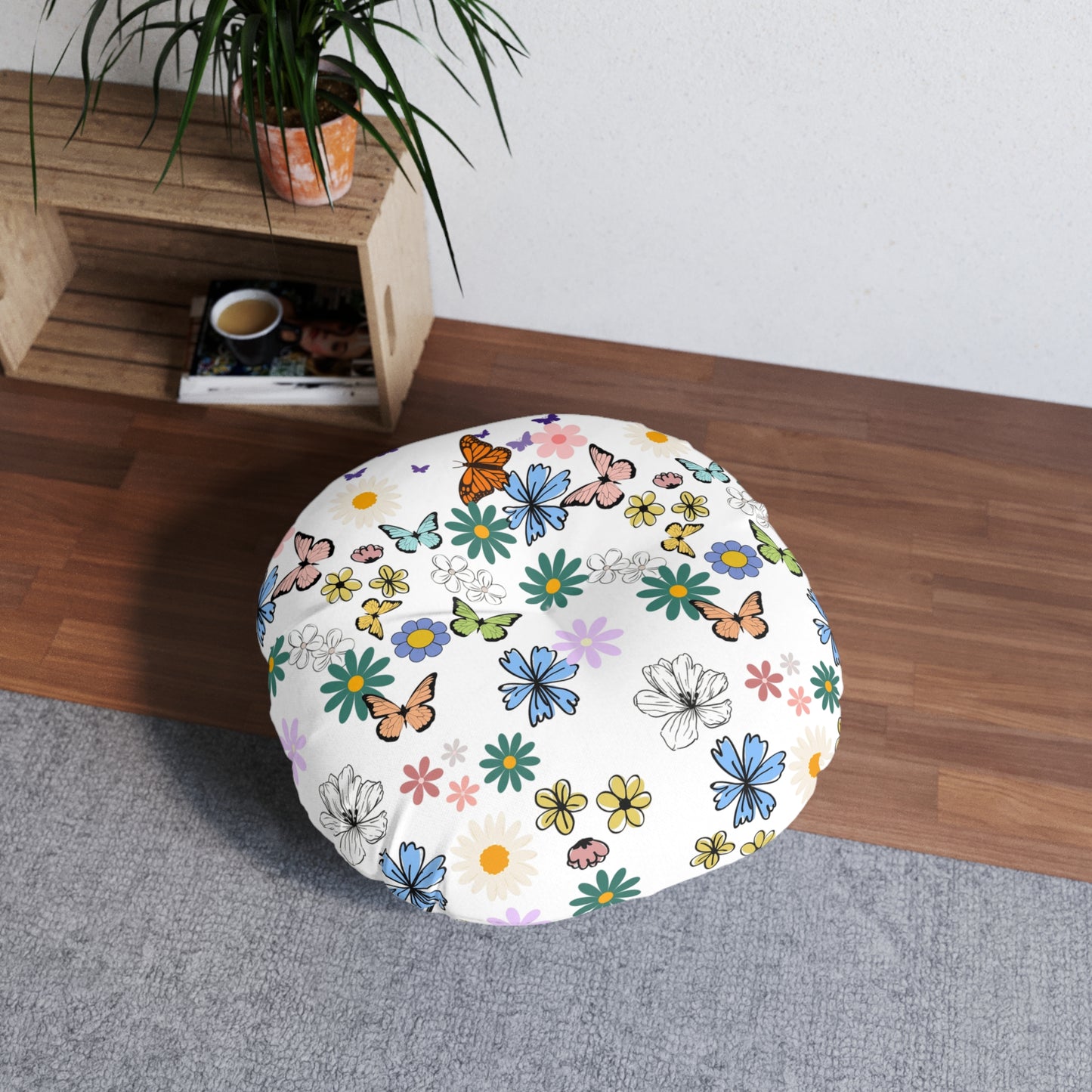 Floral Tufted Floor Pillow - Round Cushion for Cozy Decor