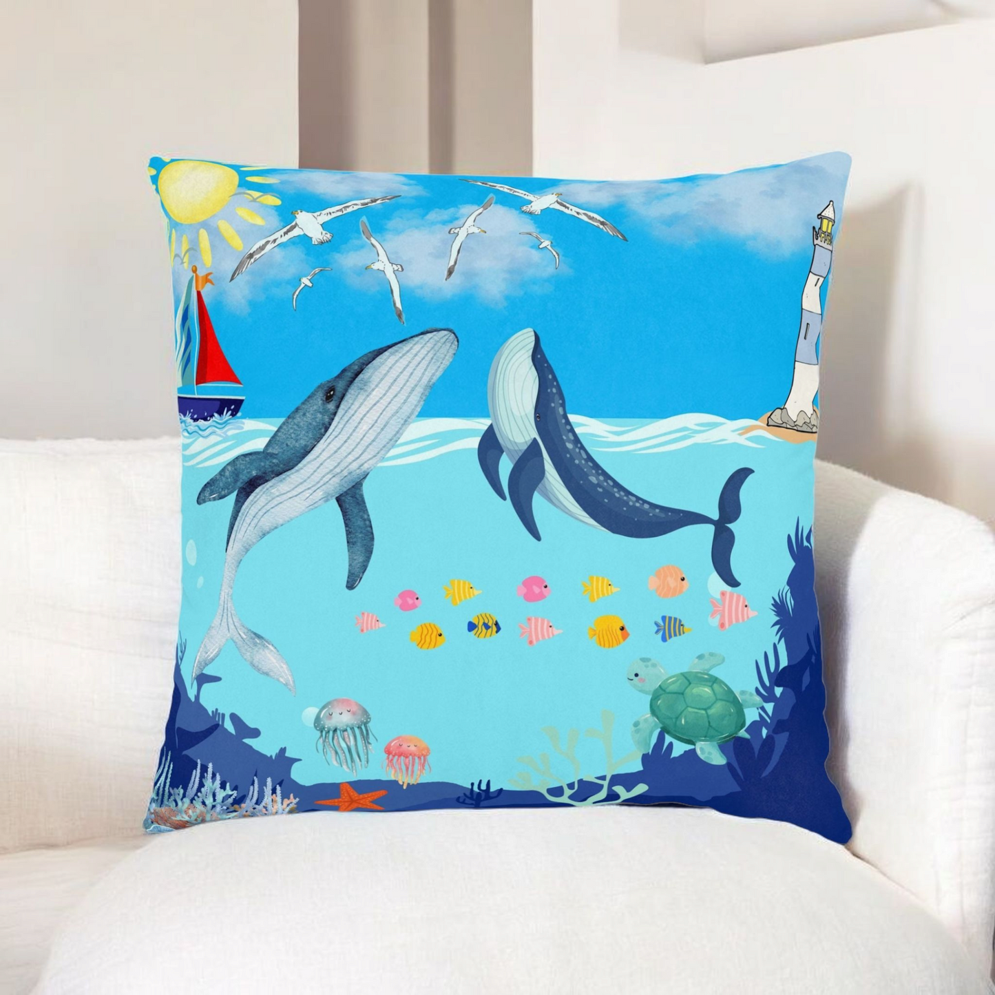 Whale Adventure Square Pillow – Coastal Home Decor