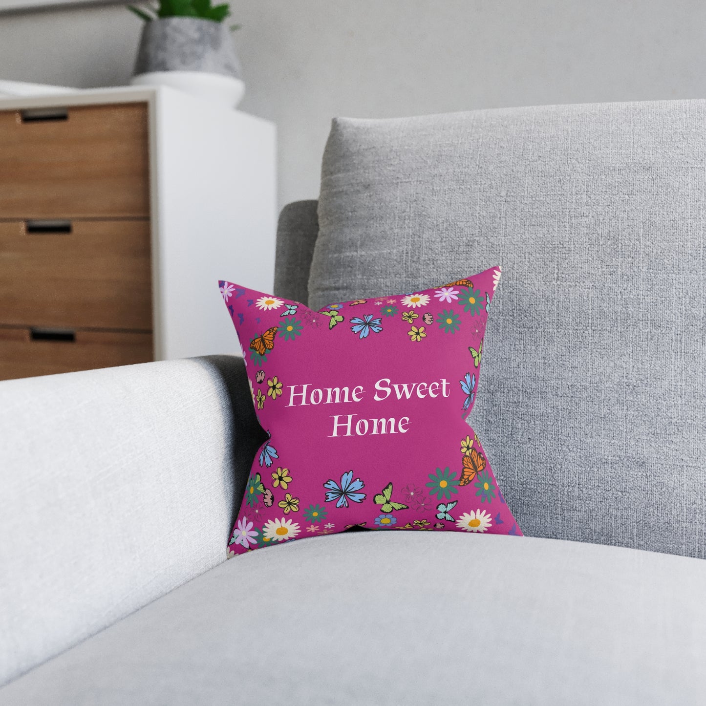 Floral Home Sweet Home Square Pillow - Cozy Decor for Living Room & Bedroom