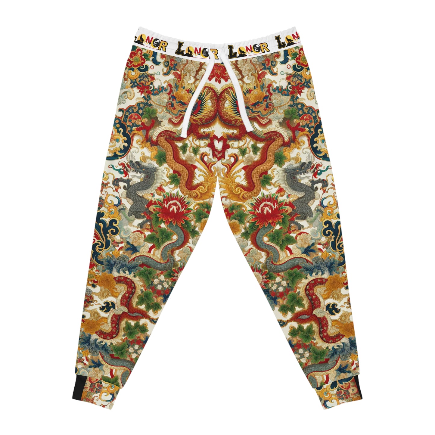 Vibrant Floral Dragon Print Athletic Joggers, Comfortable Unisex Sweatpants