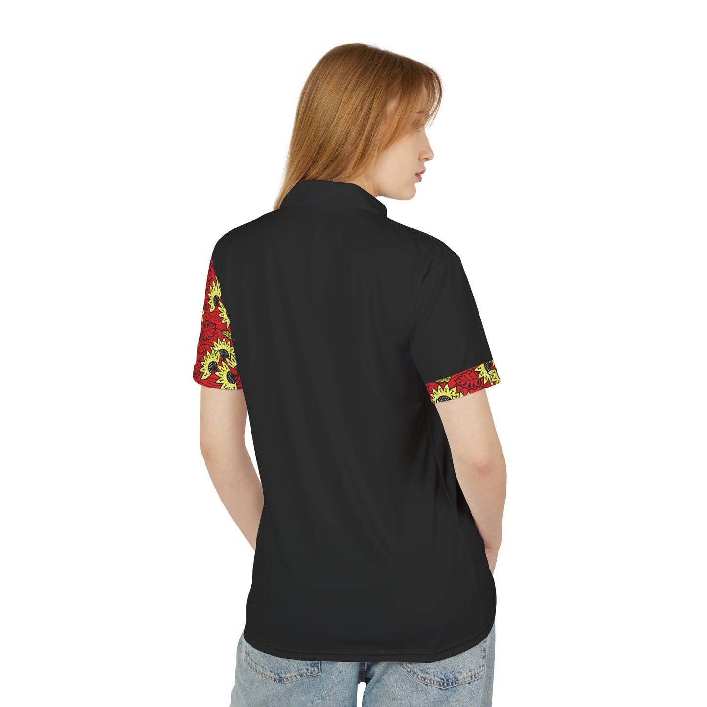 Wax Print Polo Shirt — Red & Yellow Sunflower Pattern