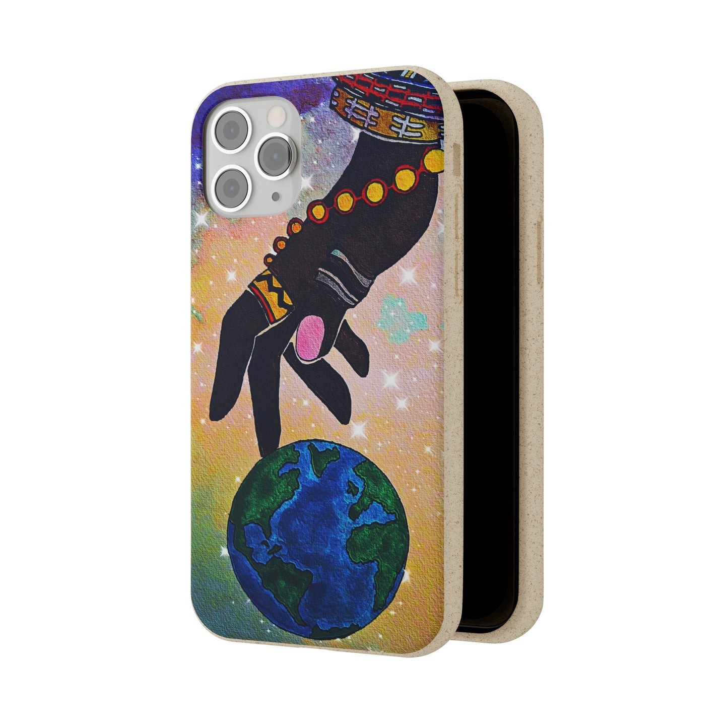 Artistic Biodegradable Case, Cosmic Ethnic Hand Design, Eco-Friendly Phone Accessory, iPhone and Android