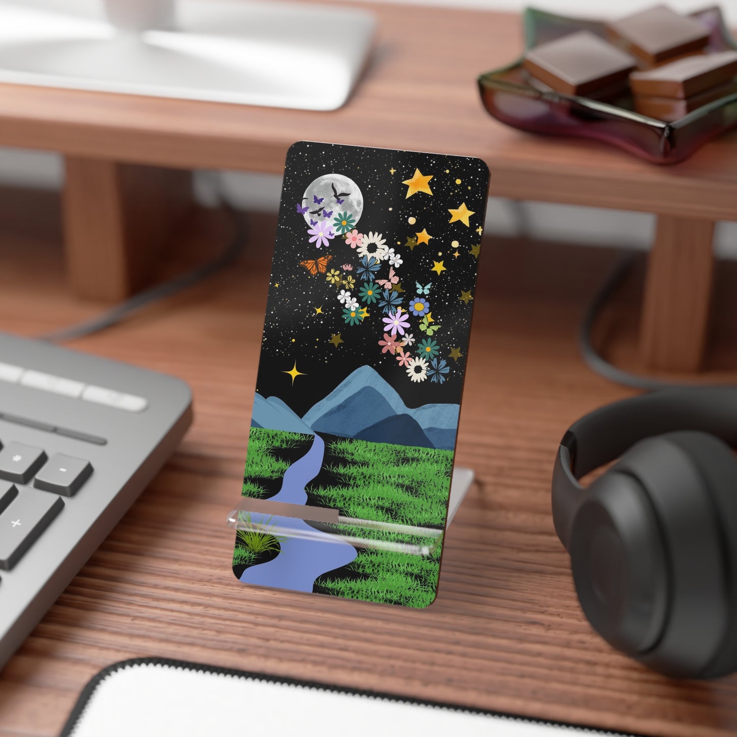 Phone Stand — Night Sky Moon with Flower Trail Smartphone Display Stand