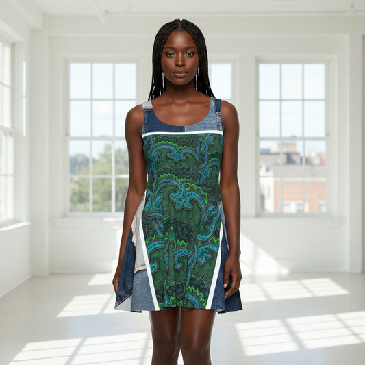 Skater Dress — Green Paisley Denim Panel All-Over Print