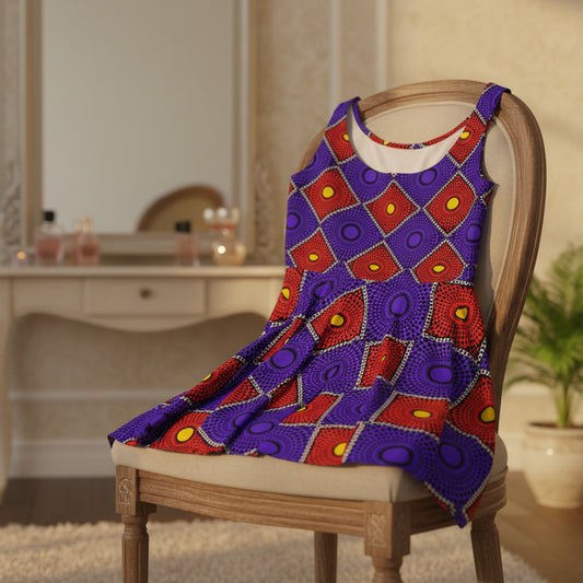 African Wax Print Skater Dress — Bold Purple & Red Geometric Pattern