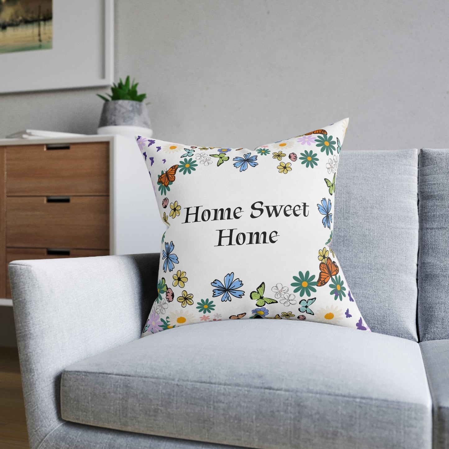 Floral Home Sweet Home Square Pillow - Cozy Decor for Living Room & Bedroom