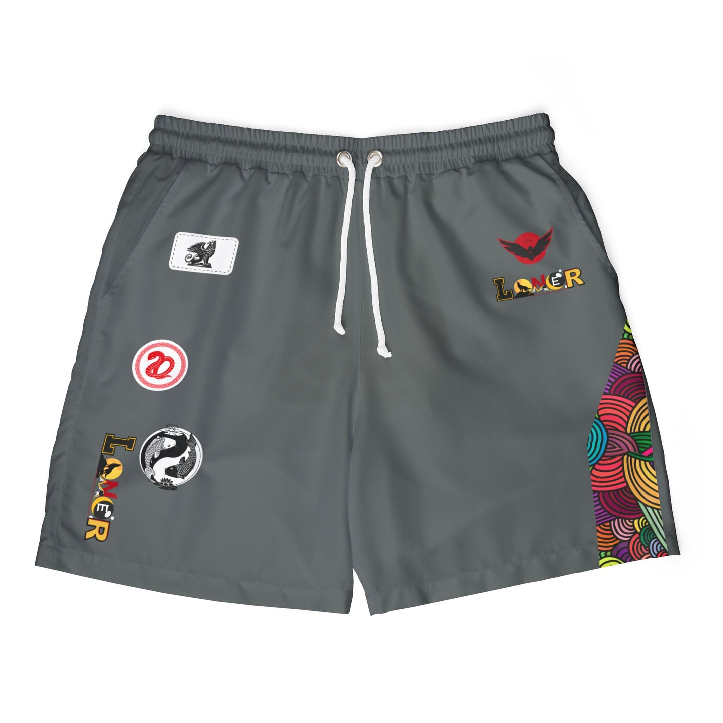 Badged Graphic Swim Shorts, Unisex Beachwear, Summer Essentials, Pool Party Attire