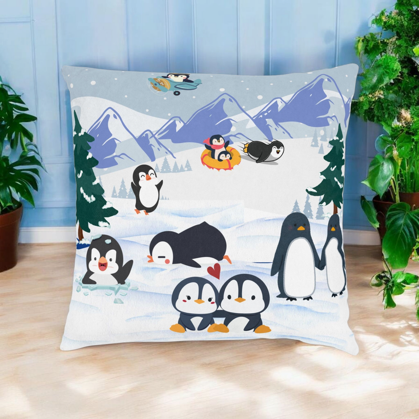 Cute Penguin Square Pillow, Cozy Winter Decor, Animal Lover Gift, Kids Room Accent