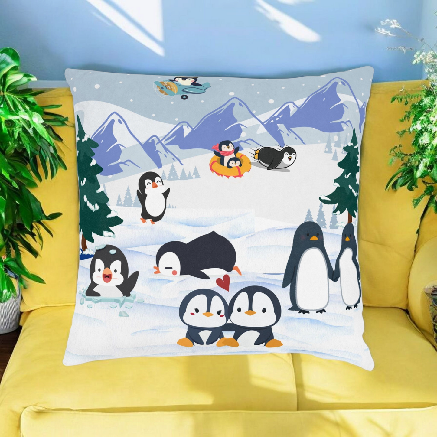 Cute Penguin Square Pillow, Cozy Winter Decor, Animal Lover Gift, Kids Room Accent