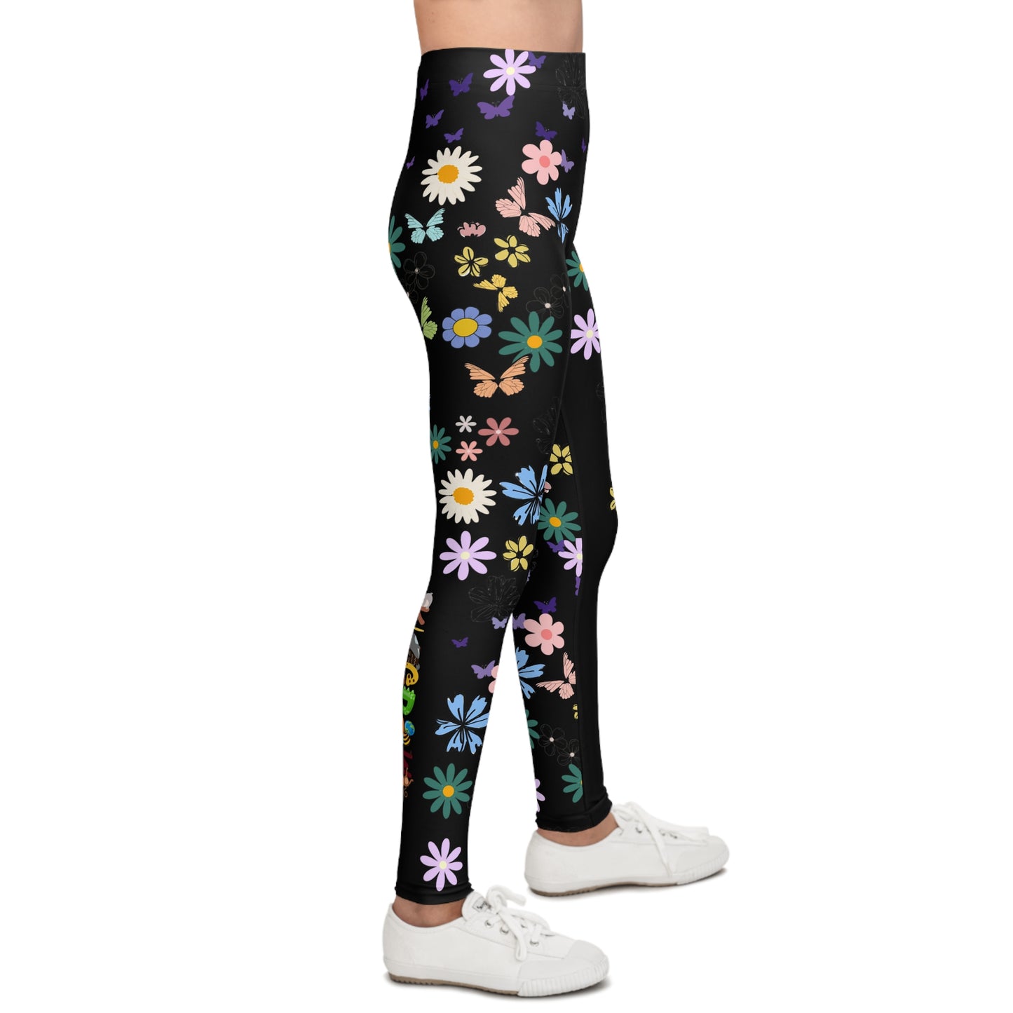 Colorful Floral Youth Leggings - Butterflies & Flowers Design