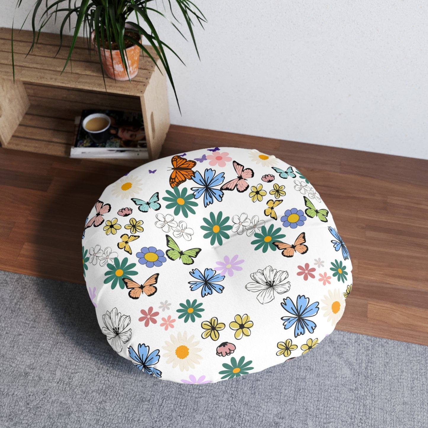 Floral Tufted Floor Pillow - Round Cushion for Cozy Decor