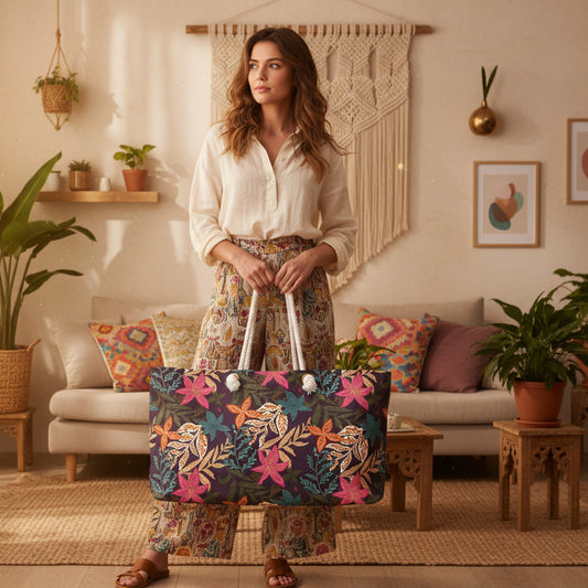 Tropical Floral Weekender Bag — Large Rope-Handle Travel Tote