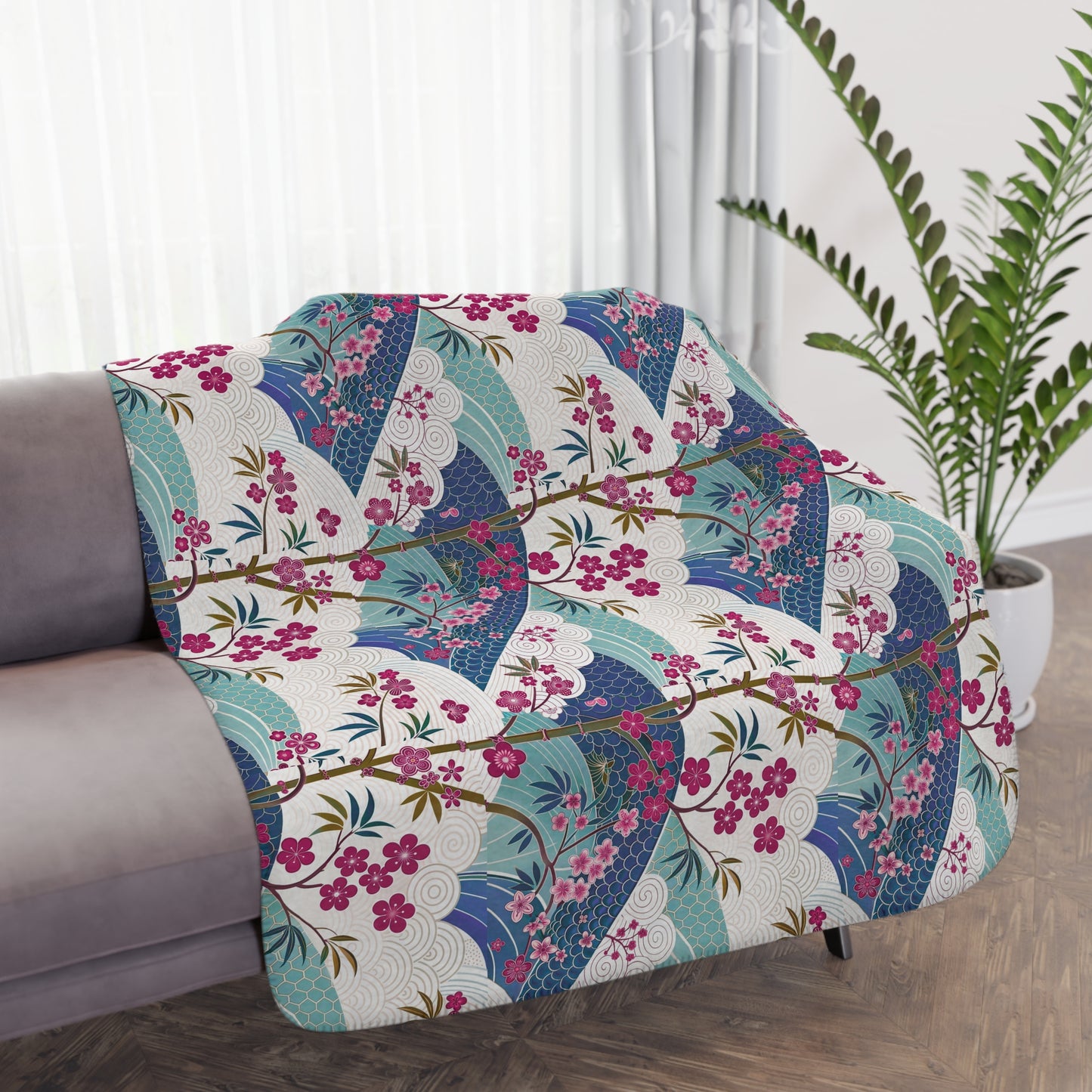 Asia Inspired Floral Sherpa Blanket, Cozy Throw, Snuggle Blanket