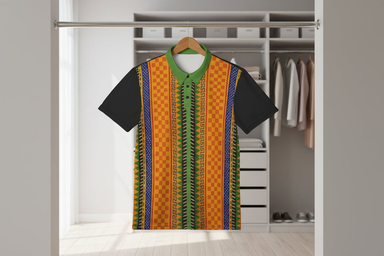African Kente Stripe Polo Shirt — Vibrant Cultural Print Golf Polo