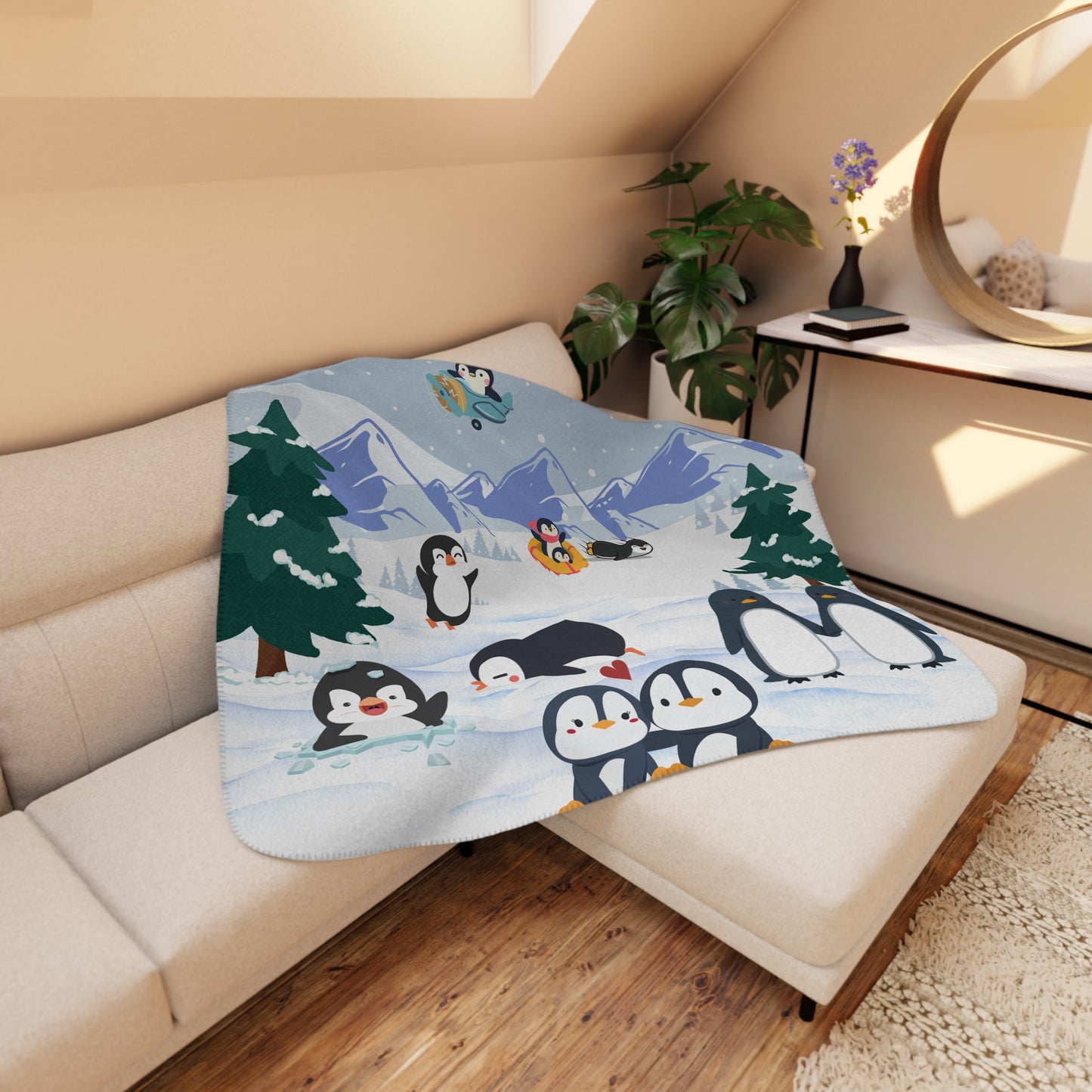 Cozy Penguin Sherpa Blanket, Cute Throw for Winter, Penguin Lovers Gift, Snuggle Blanket
