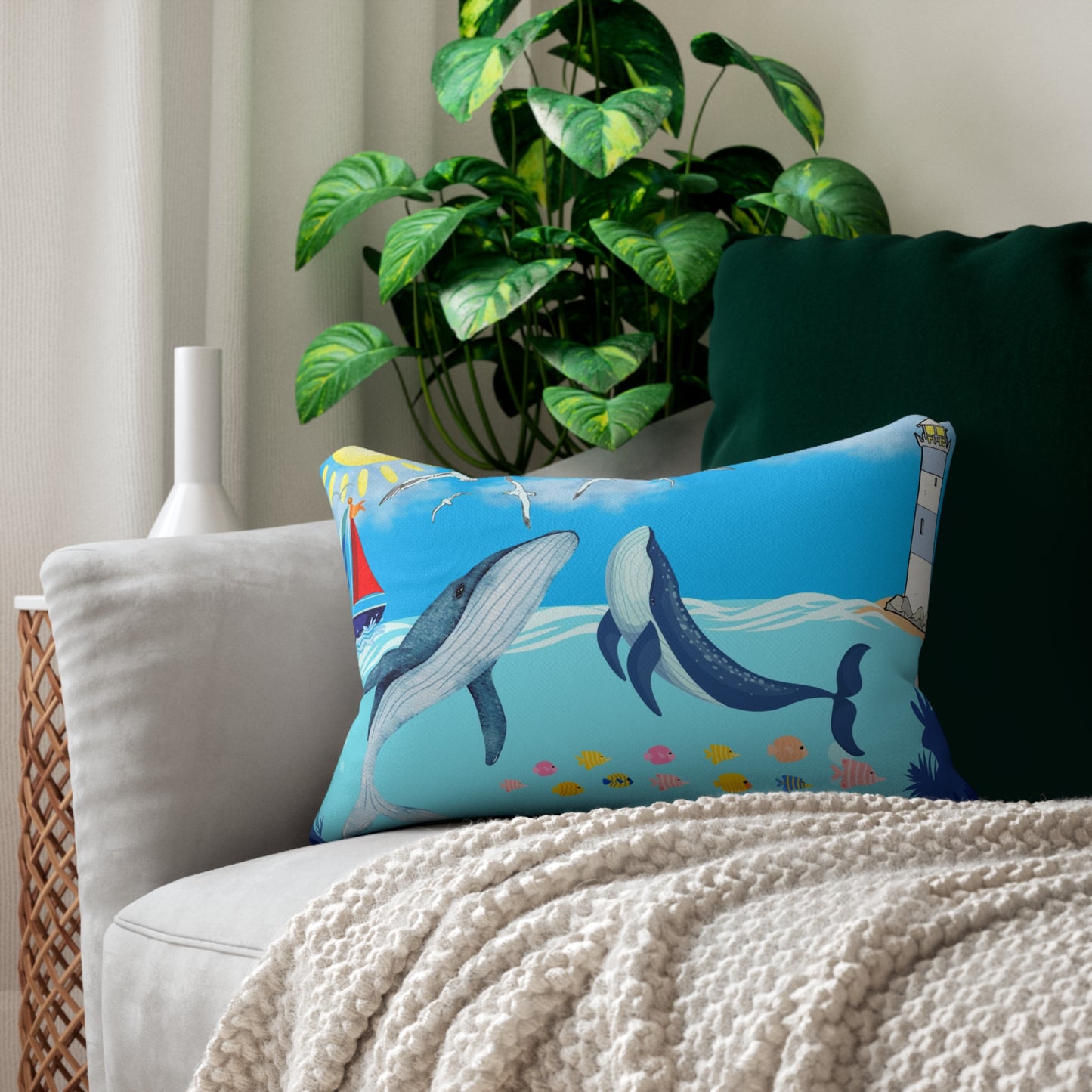 Whale Watching Lumbar Pillow - Coastal Decor for Beach Lovers