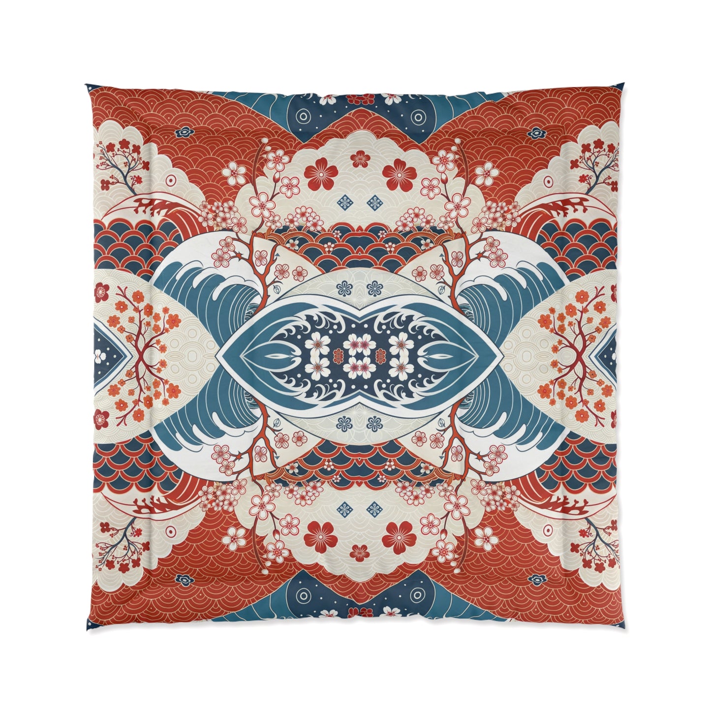 Elegant Floral Comforter, Boho Chic Bedding, Japanese Wave Design Quilt