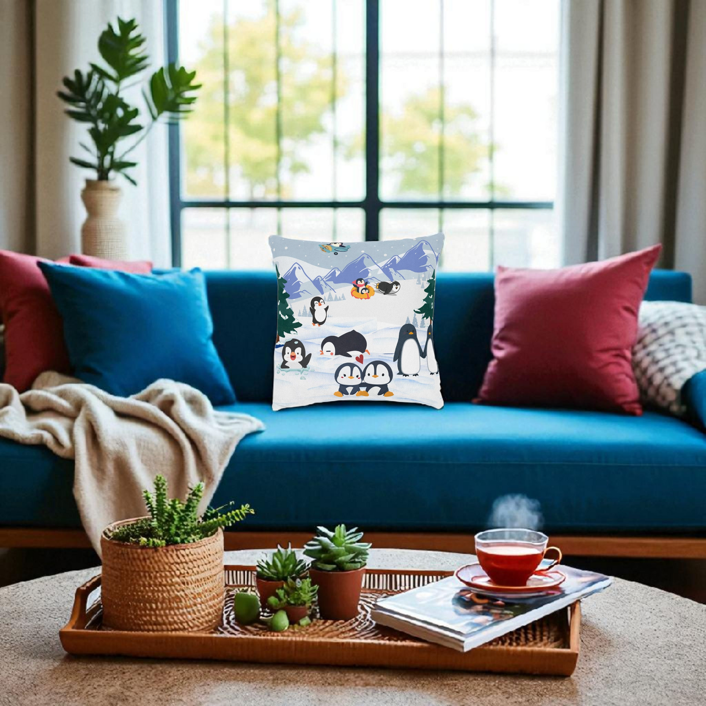 Cute Penguin Square Pillow, Cozy Winter Decor, Animal Lover Gift, Kids Room Accent