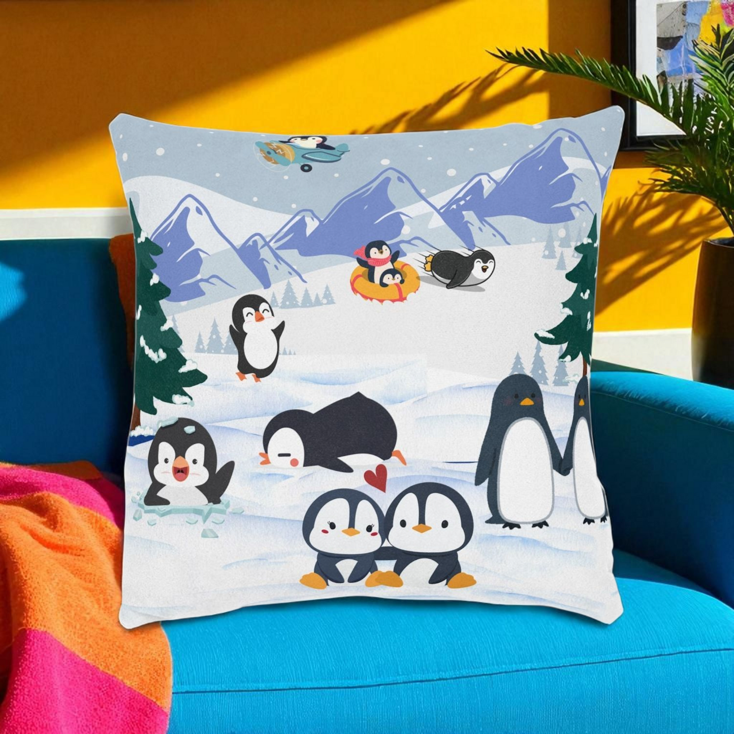 Cute Penguin Square Pillow, Cozy Winter Decor, Animal Lover Gift, Kids Room Accent