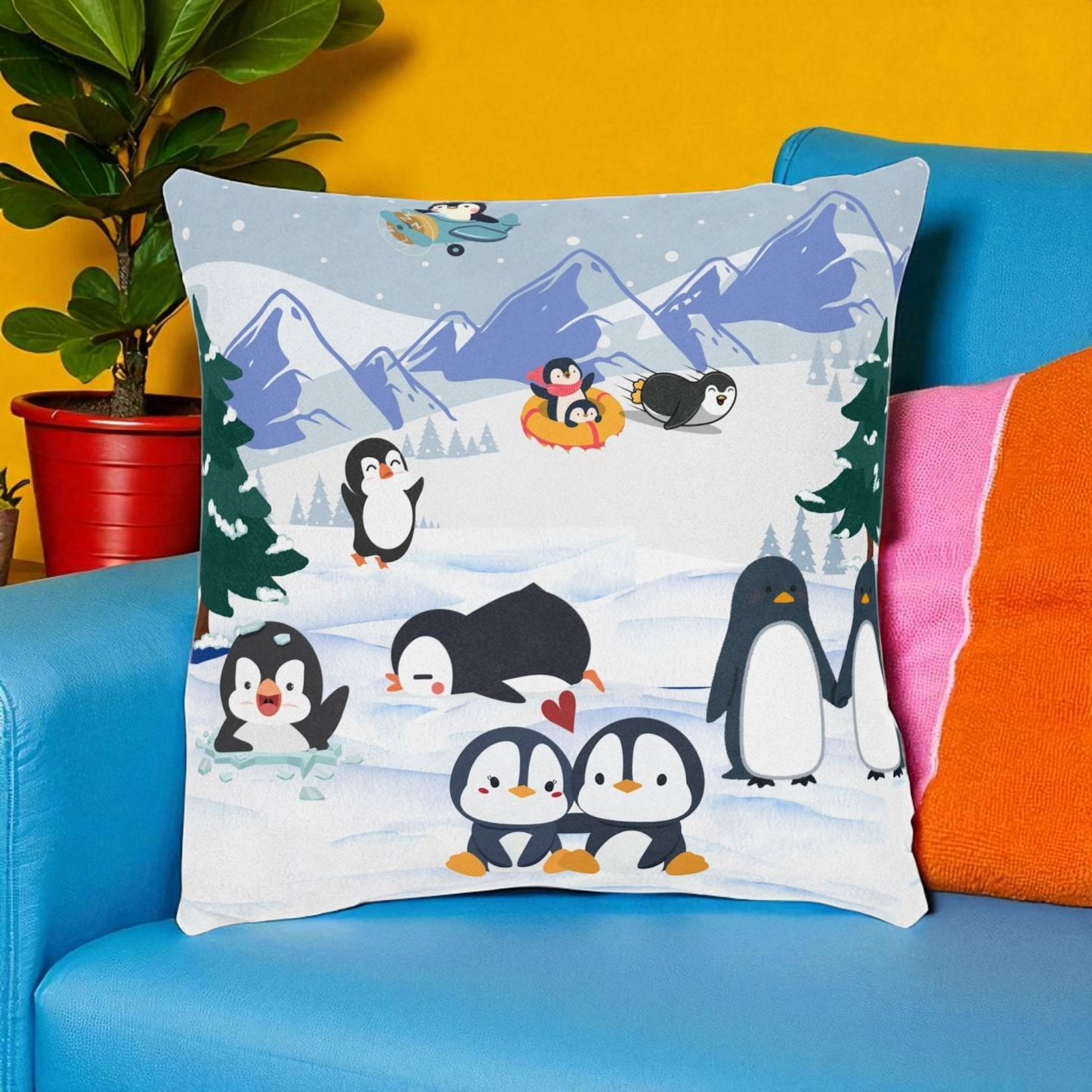 Cute Penguin Square Pillow, Cozy Winter Decor, Animal Lover Gift, Kids Room Accent
