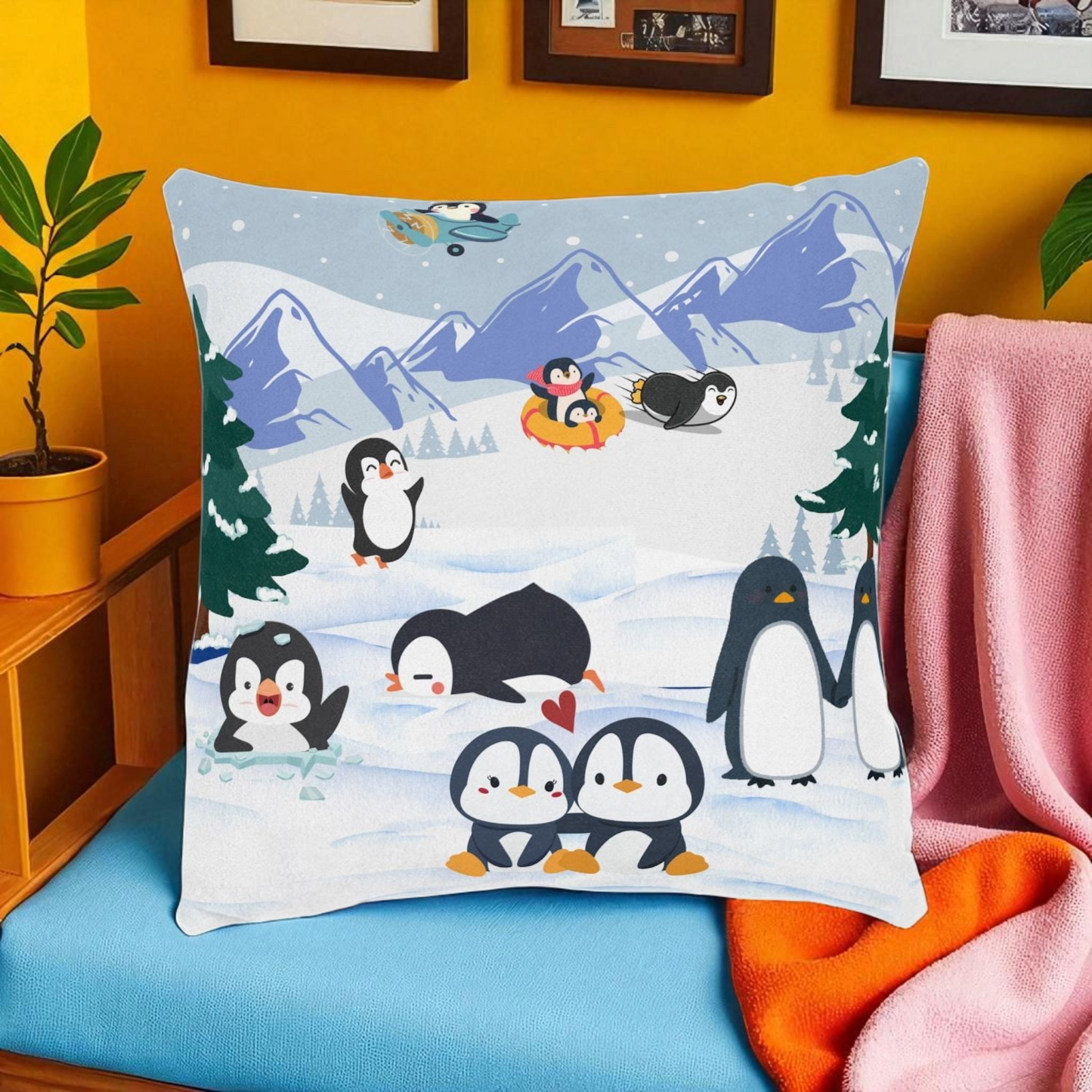 Cute Penguin Square Pillow, Cozy Winter Decor, Animal Lover Gift, Kids Room Accent