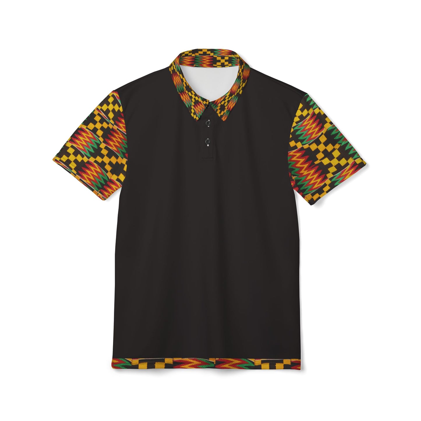 Kente Accent Polo Shirt — Black Polo with Vibrant African Print Collar & Sleeves