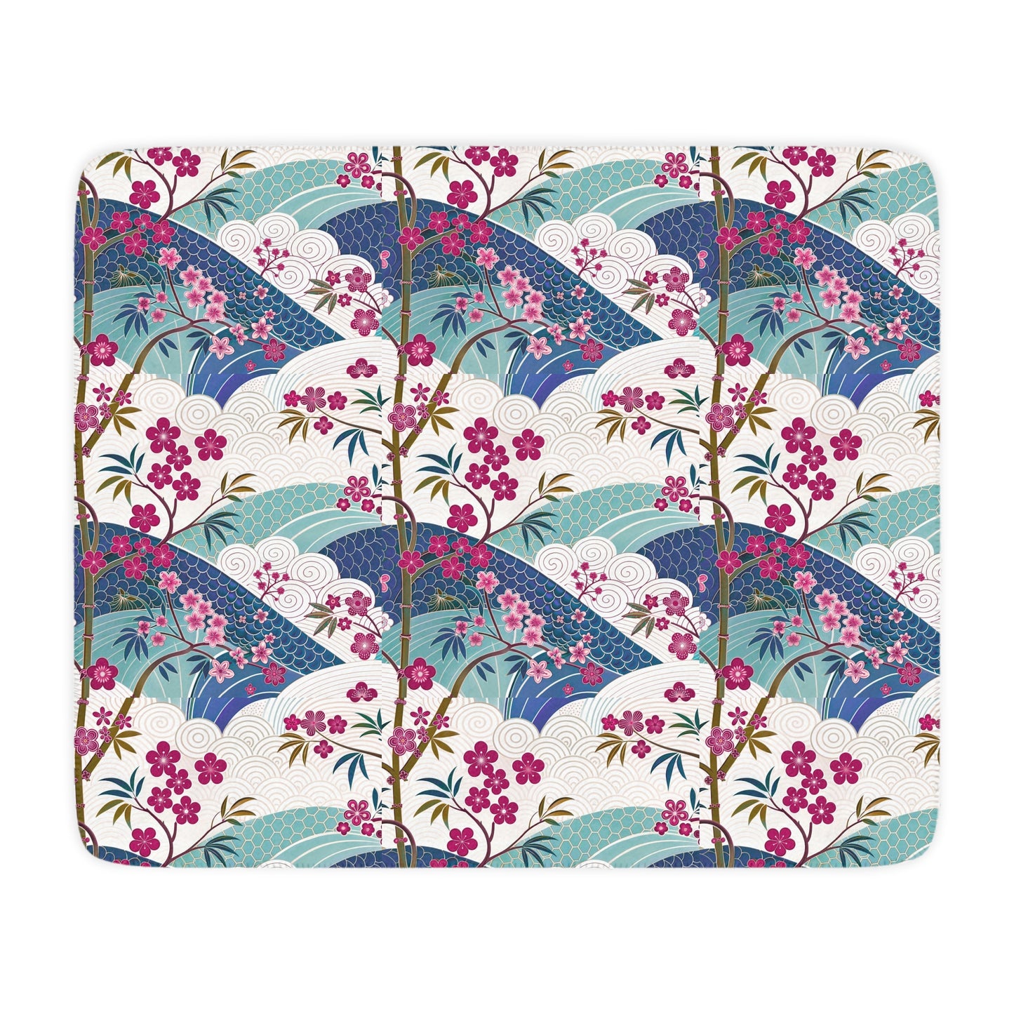 Asia Inspired Floral Sherpa Blanket, Cozy Throw, Snuggle Blanket