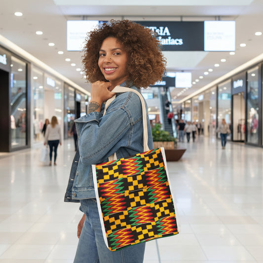 Kente Pattern Canvas Tote Bag — Vibrant African Print Market Tote