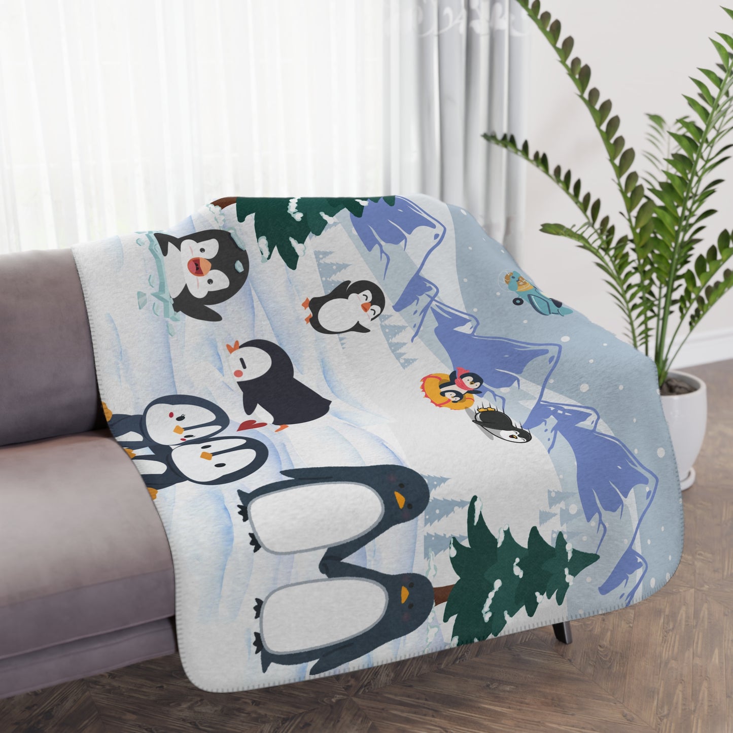 Cozy Penguin Sherpa Blanket, Cute Throw for Winter, Penguin Lovers Gift, Snuggle Blanket