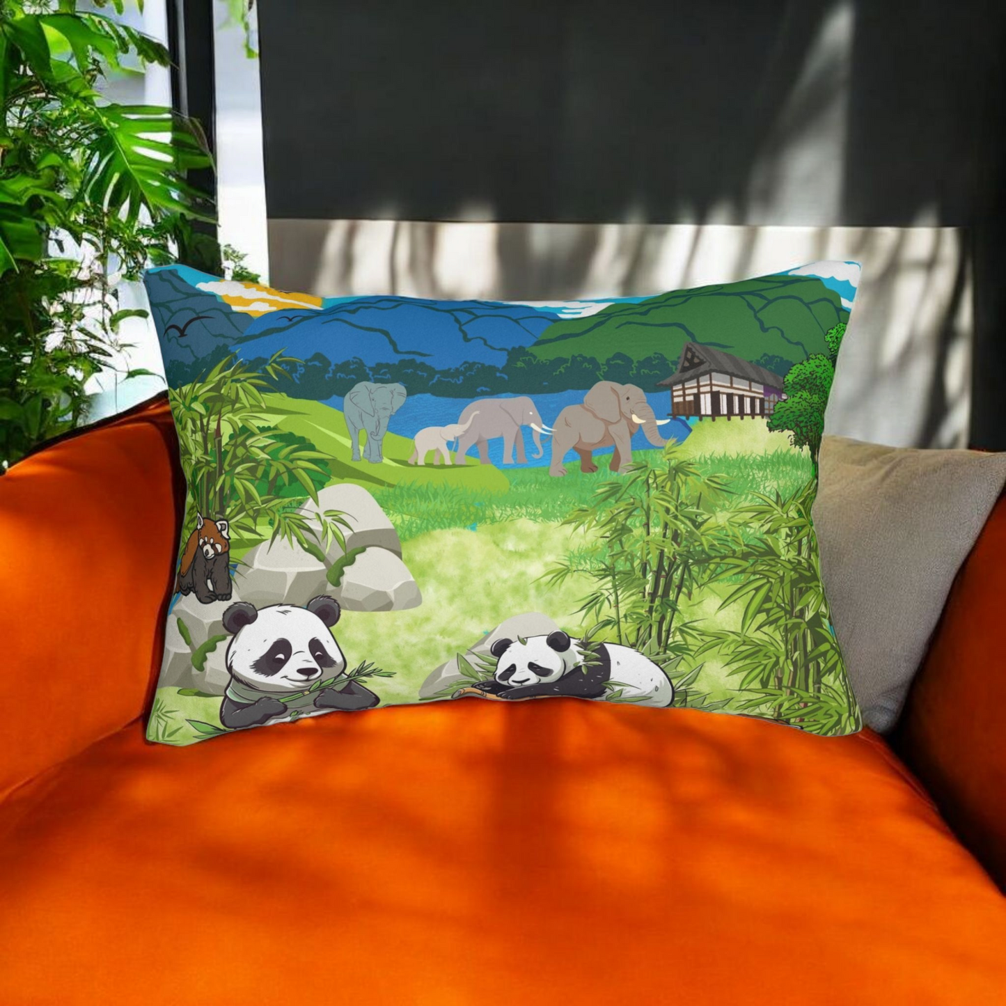 Cozy Wildlife Lumbar Pillow - Nature-Inspired Panda & Elephant Design