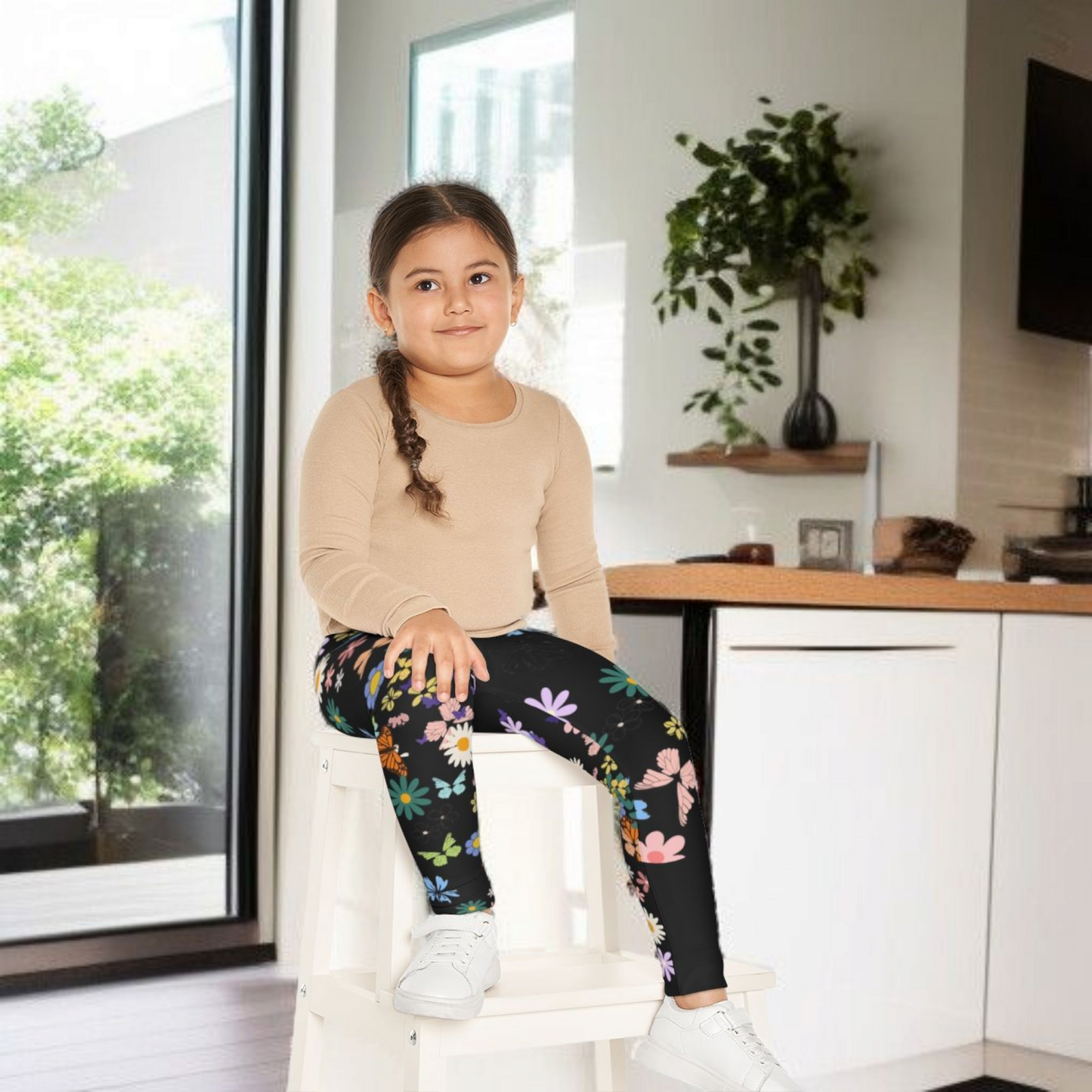 Colorful Floral Kids Leggings - Playful Butterfly & Flower Design