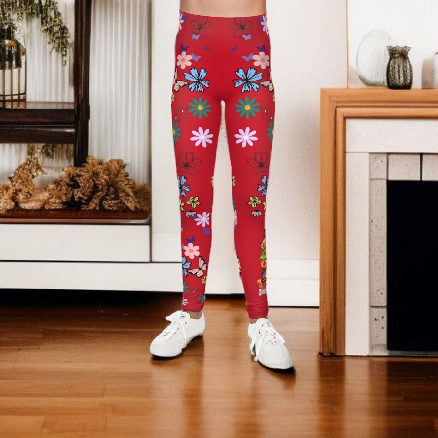Colorful Floral Youth Leggings - Butterflies & Flowers Design