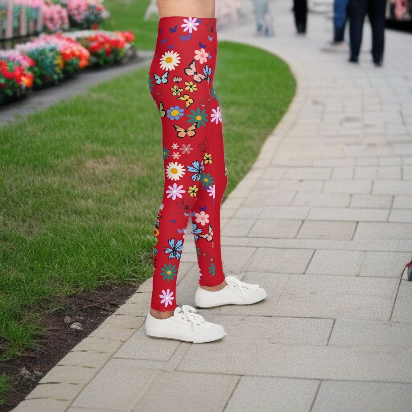 Colorful Floral Youth Leggings - Butterflies & Flowers Design